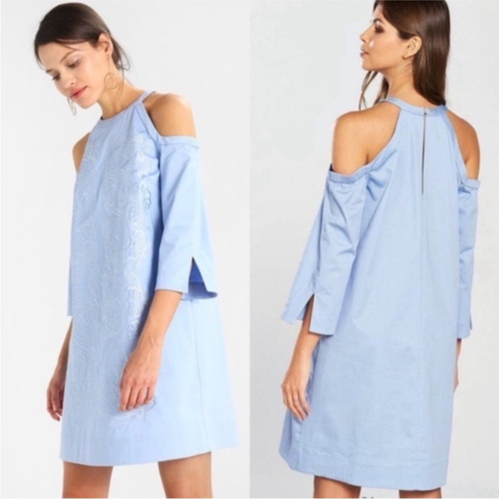 Ted Baker London Light Blue Floral Embroidered Cold Shoulder Jettas Dress Size 4
